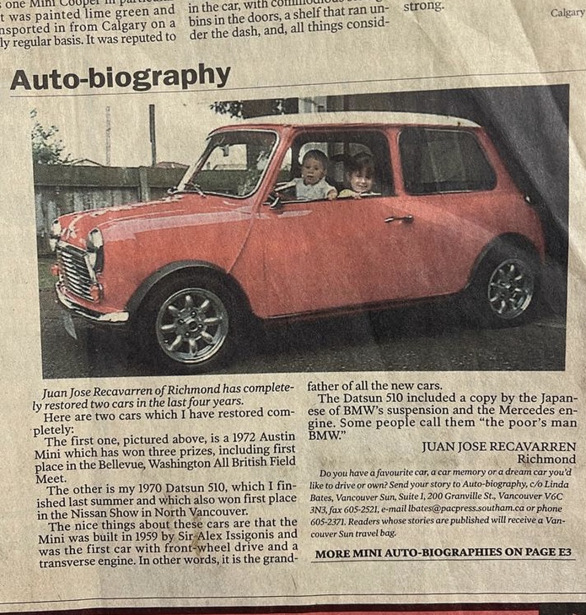 Auto-biography feature in the Richmond Review