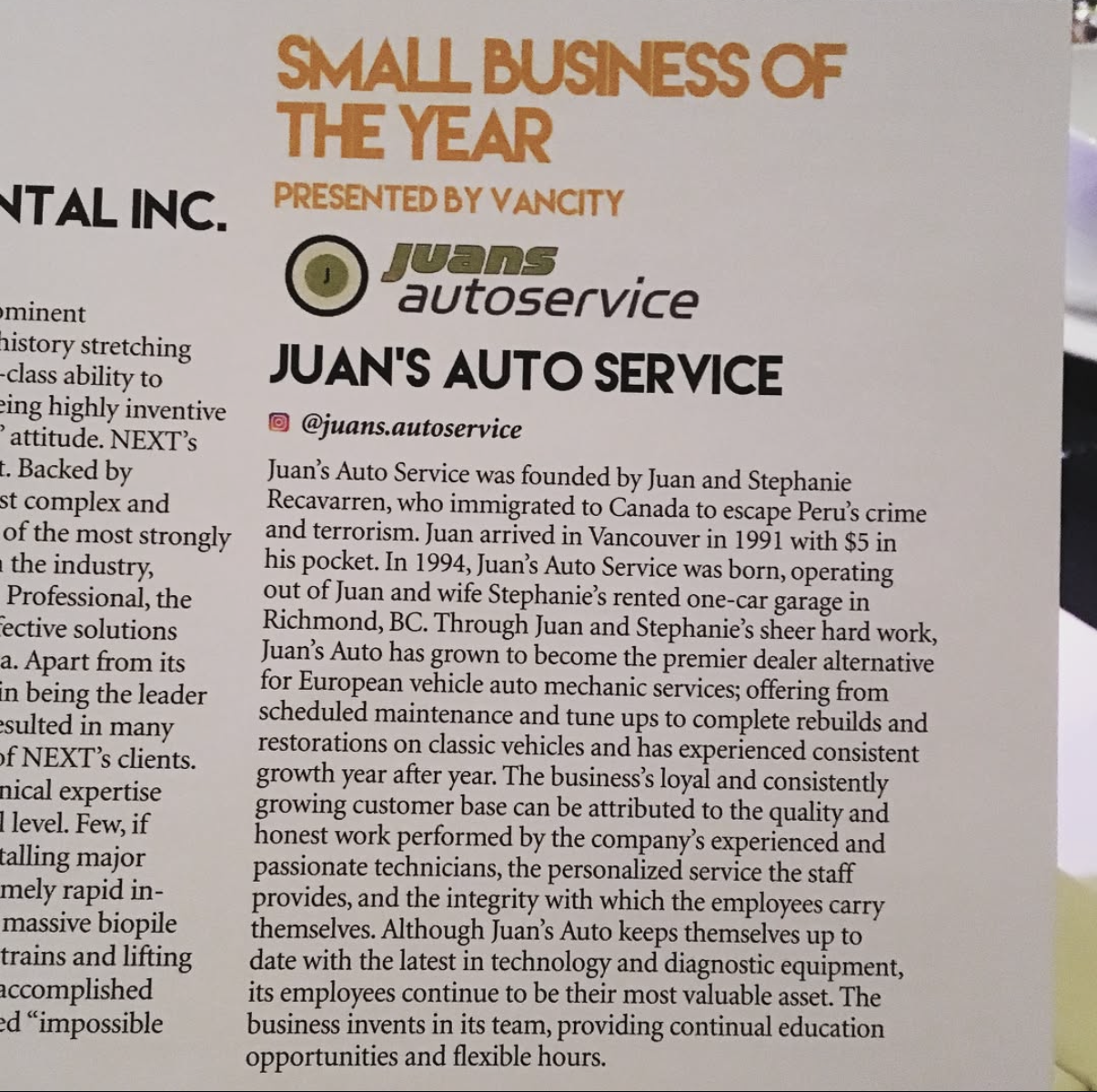 Small Business of the Year award — presented by Vancity and the Richmond Chamber of Commerce